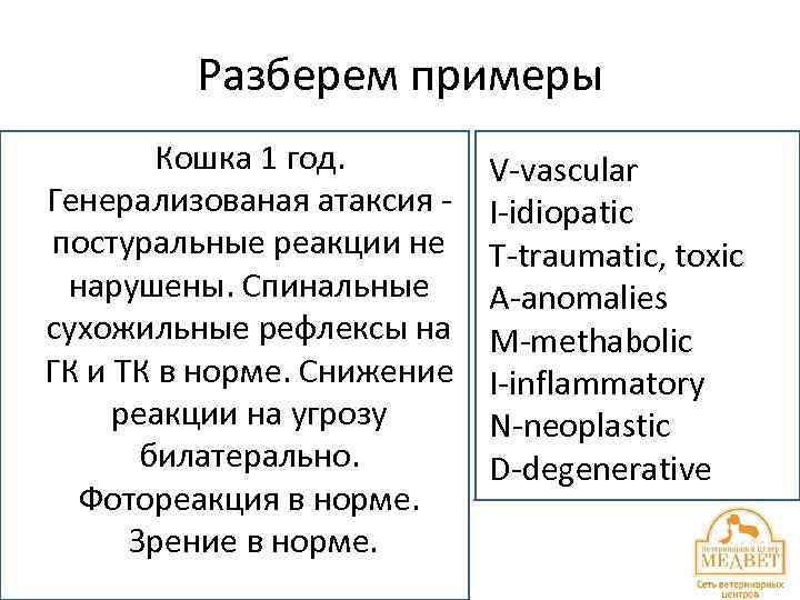 Разберем примеры Кошка 1 год. Генерализованая атаксия постуральные реакции не нарушены. Спинальные сухожильные рефлексы