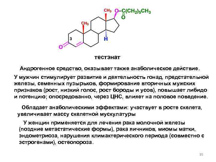 тестэнат Андрогенное средство, оказывает также анаболическое действие. У мужчин стимулирует развитие и деятельность гонад,