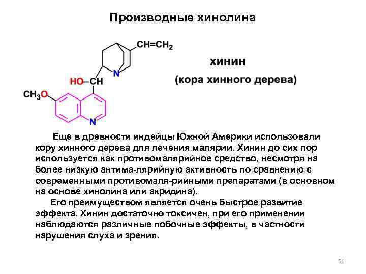 Производные хинолина Еще в древности индейцы Южной Америки использовали кору хинного дерева для лечения