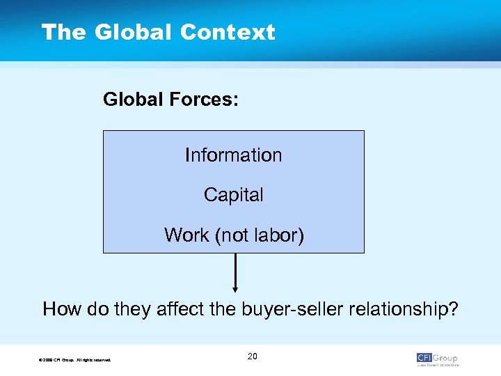 The Global Context Global Forces: Information Capital Work (not labor) How do they affect