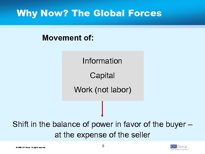 Why Now? The Global Forces Movement of: Information Capital Work (not labor) Shift in