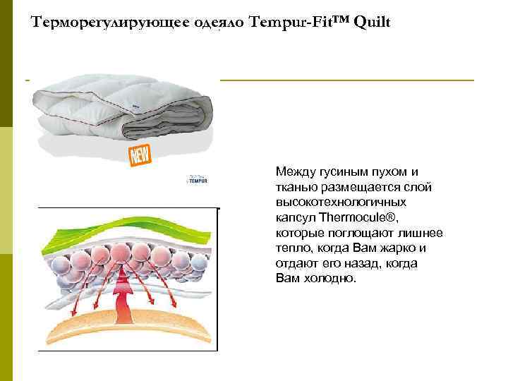 Терморегулирующее одеяло Tempur-Fit™ Quilt Между гусиным пухом и тканью размещается слой высокотехнологичных капсул Thermocule®,