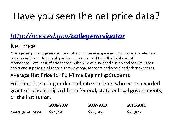 Have you seen the net price data? http: //nces. ed. gov/collegenavigator Net Price Average