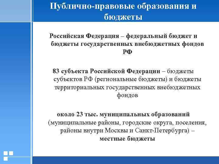 Публично-правовые образования и бюджеты Российская Федерация – федеральный бюджет и бюджеты государственных внебюджетных фондов