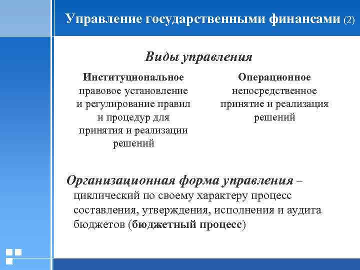 Управление государственными финансами (2) Виды управления Институциональное правовое установление и регулирование правил и процедур