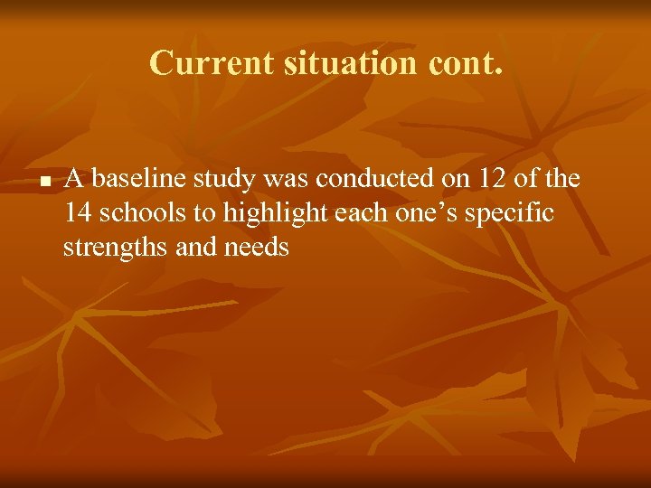 Current situation cont. n A baseline study was conducted on 12 of the 14