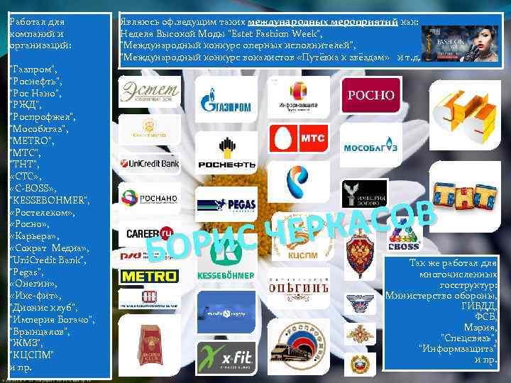 Работал для компаний и организаций: "Газпром", "Роснефть", "Рос Нано", "РЖД", "Роспрофжел", "Мособлгаз", "METRO", "МТС",