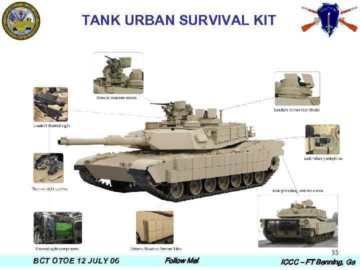 TANK URBAN SURVIVAL KIT BCT OTOE 12 JULY 06 Follow Me! 33 ICCC –