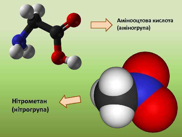 Амінооцтова кислота (аміногрупа) Нітрометан (нітрогрупа) 