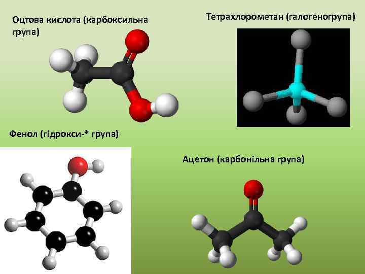 Оцтова кислота (карбоксильна група) Тетрахлорометан (галогеногрупа) Фенол (гідрокси-* група) Ацетон (карбонільна група) 
