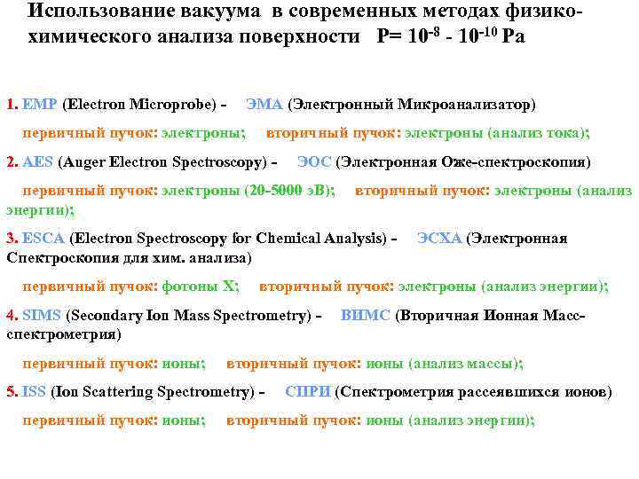 Использование вакуума в современных методах физикохимического анализа поверхности P= 10 -8 - 10 -10