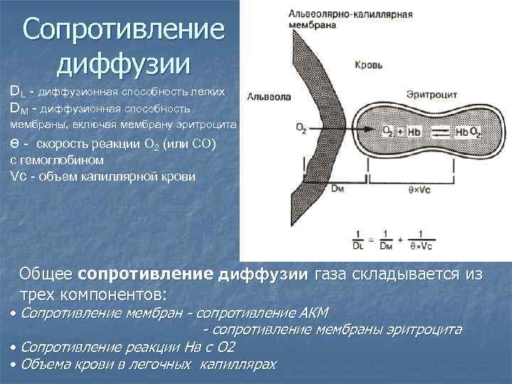 Сопротивление диффузии DL - диффузионная способность легких DM - диффузионная способность мембраны, включая мембрану