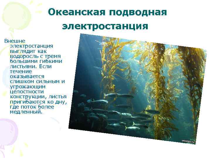  Океанская подводная электростанция Внешне электростанция выглядит как водоросль с тремя большими гибкими листьями.