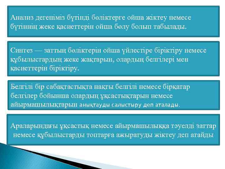 Анализ дегеніміз бүтінді бөліктерге ойша жіктеу немесе бүтіннің жеке қасиеттерін ойша бөлу болып табылады.