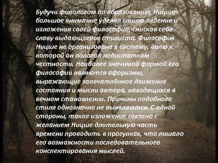 Будучи филологом по образованию, Ницше большое внимание уделял стилю ведения и изложения своей философии,