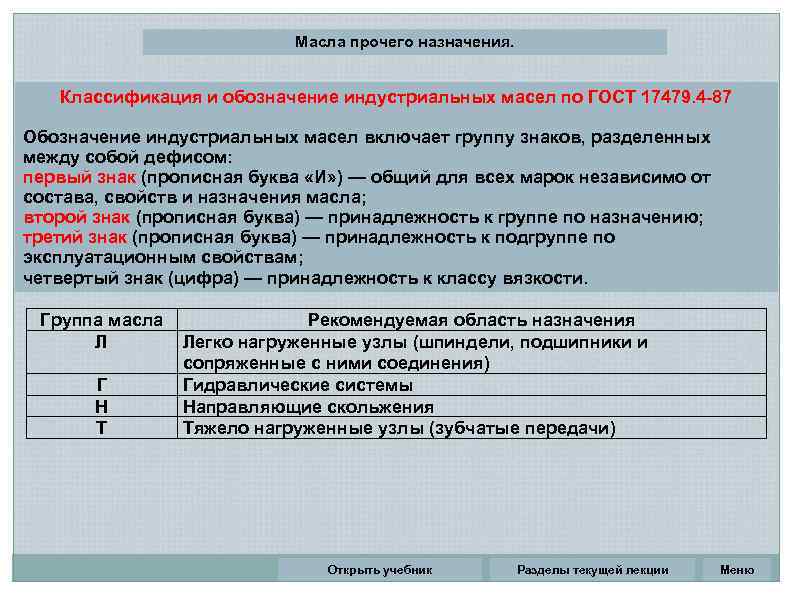 Масла прочего назначения. Классификация и обозначение индустриальных масел по ГОСТ 17479. 4 -87 Обозначение