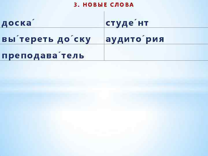 3. НОВЫЕ СЛОВА доска студе нт вы тереть до ску аудито рия преподава тель