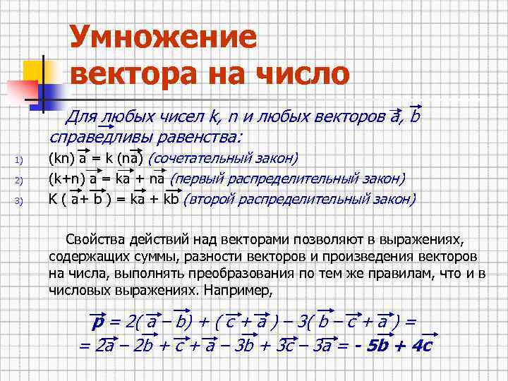 Умножение вектора на число Для любых чисел k, n и любых векторов а, b