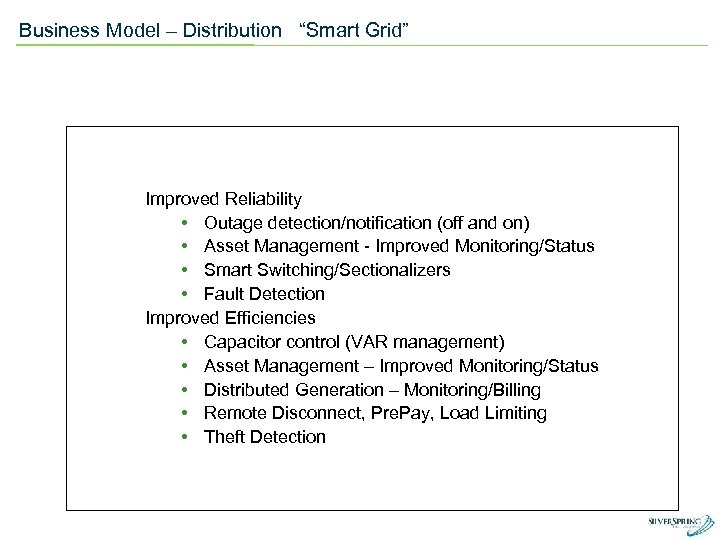 Business Model – Distribution “Smart Grid” Improved Reliability • Outage detection/notification (off and on)