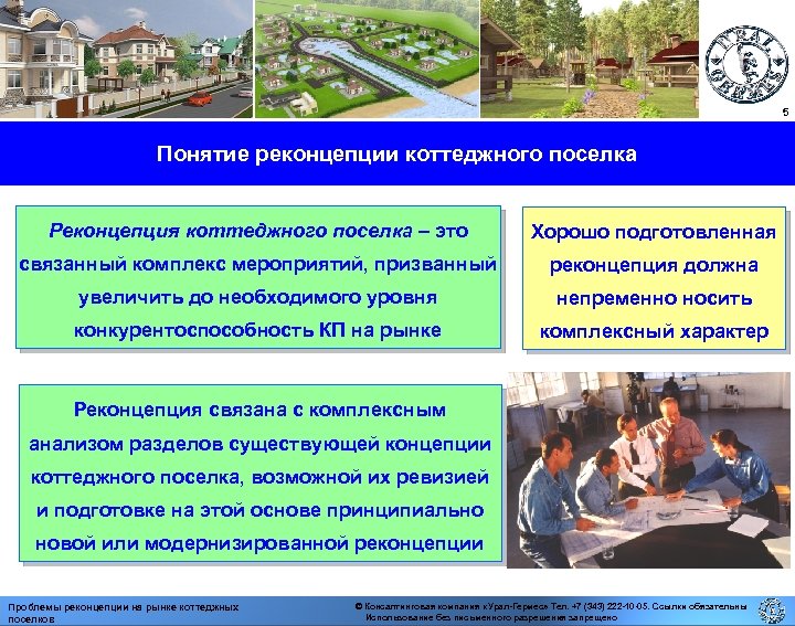 5 Понятие реконцепции коттеджного поселка Реконцепция коттеджного поселка – это Хорошо подготовленная связанный комплекс