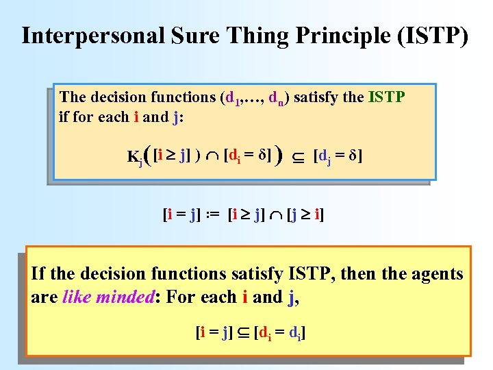Interpersonal Sure Thing Principle (ISTP) The decision functions (d 1, …, dn) satisfy the