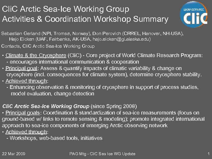 Cli. C Arctic Sea-Ice Working Group Activities & Coordination Workshop Summary Sebastian Gerland (NPI,