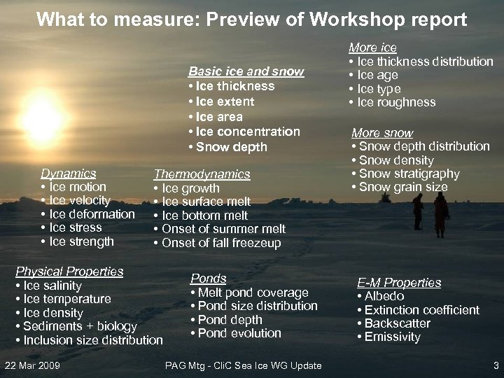 What to measure: Preview of Workshop report Basic ice and snow • Ice thickness