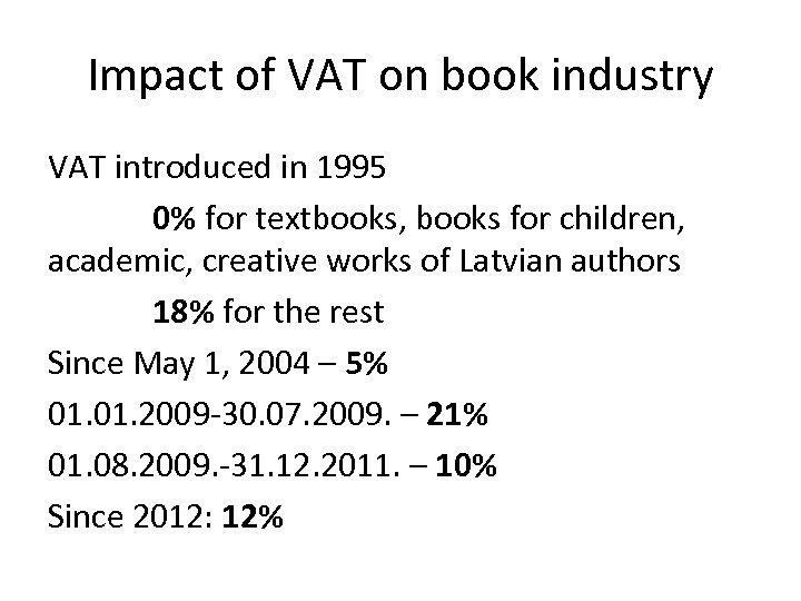 Impact of VAT on book industry VAT introduced in 1995 0% for textbooks, books
