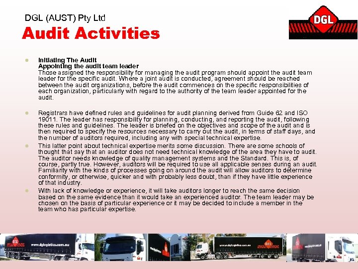DGL (AUST) Pty Ltd Audit Activities l Initiating The Audit Appointing the audit team