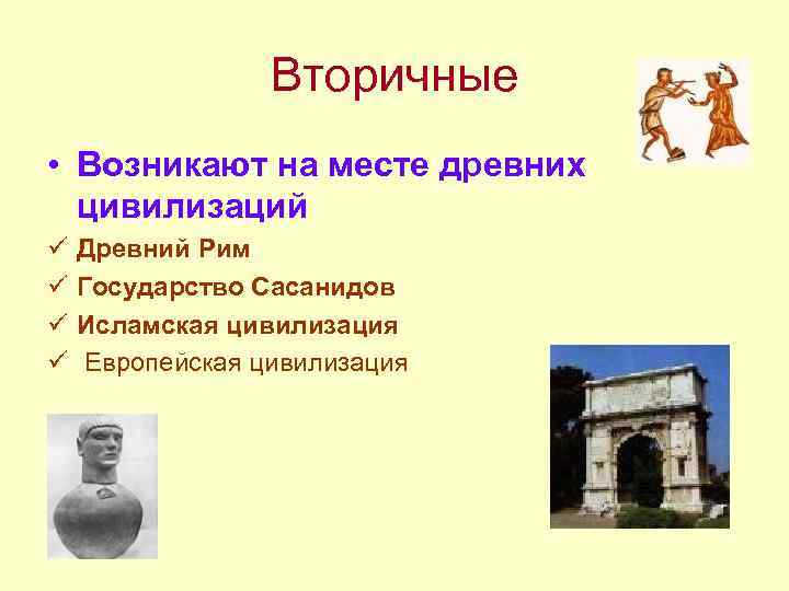 Вторичные • Возникают на месте древних цивилизаций ü ü Древний Рим Государство Сасанидов Исламская