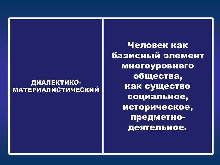 ДИАЛЕКТИКОМАТЕРИАЛИСТИЧЕСКИЙ Человек как базисный элемент многоуровнего общества, как существо социальное, историческое, предметнодеятельное. 