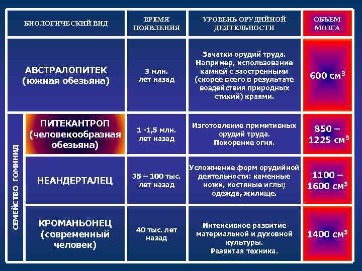 ВРЕМЯ ПОЯВЛЕНИЯ УРОВЕНЬ ОРУДИЙНОЙ ДЕЯТЕЛЬНОСТИ ОБЪЕМ МОЗГА 3 млн. лет назад Зачатки орудий труда.