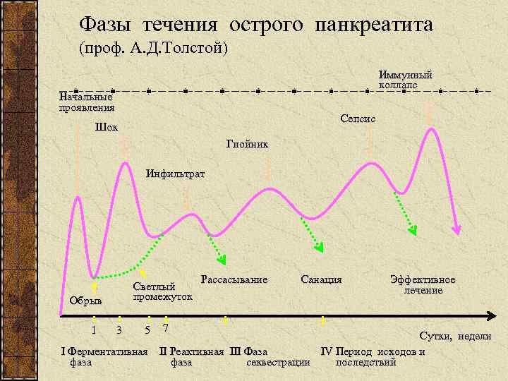 Фазы течения острого панкреатита (проф. А. Д. Толстой) Иммунный коллапс Начальные проявления Сепсис Шок