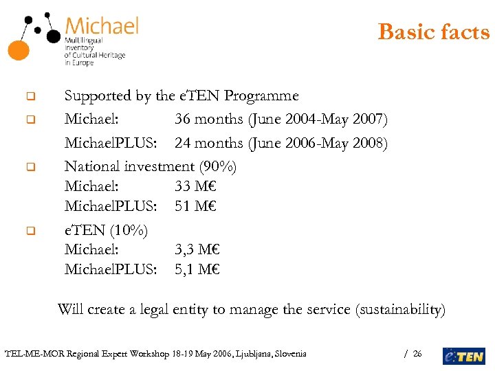 Basic facts q q Supported by the e. TEN Programme Michael: 36 months (June