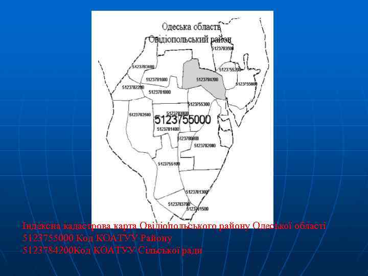 Індексна кадастрова карта Овідіопольського району Одеської області 5123755000 Код КОАТУУ Району 5123784200 Код КОАТУУ