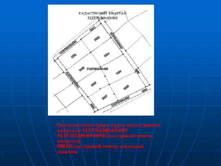 Індексна кадастрова карта кадастрового кварталу 5123784200: 05: 005 Кадастровий номер кварталу 0001 Кадастровий номер