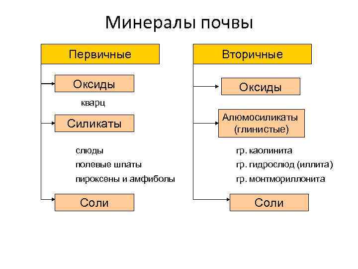 Минералы почвы Первичные Оксиды Вторичные Оксиды кварц Силикаты Алюмосиликаты (глинистые) слюды гр. каолинита полевые