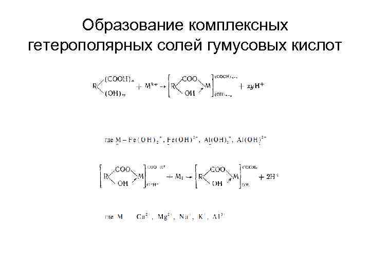 Образование комплексных гетерополярных солей гумусовых кислот 