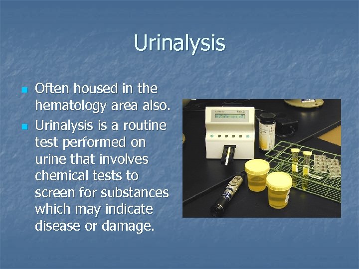 Urinalysis n n Often housed in the hematology area also. Urinalysis is a routine