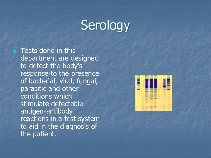 Serology n Tests done in this department are designed to detect the body's response