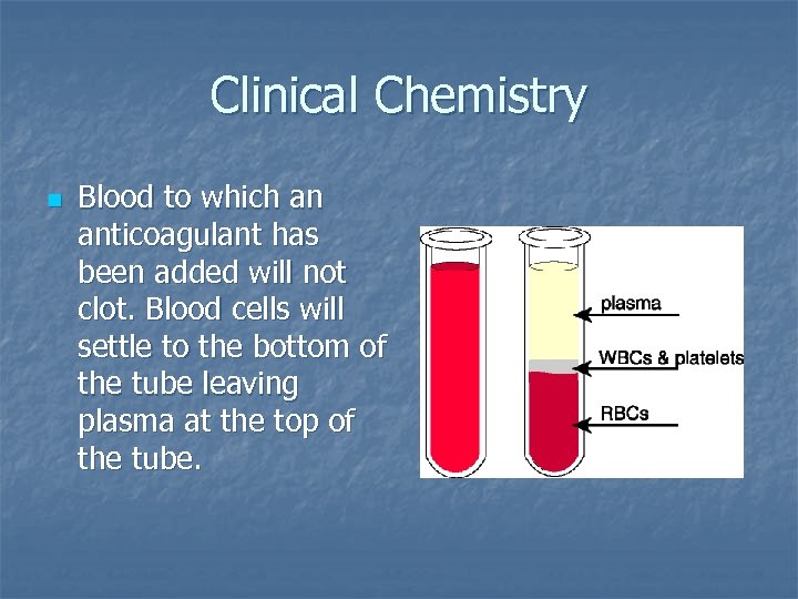 Clinical Chemistry n Blood to which an anticoagulant has been added will not clot.