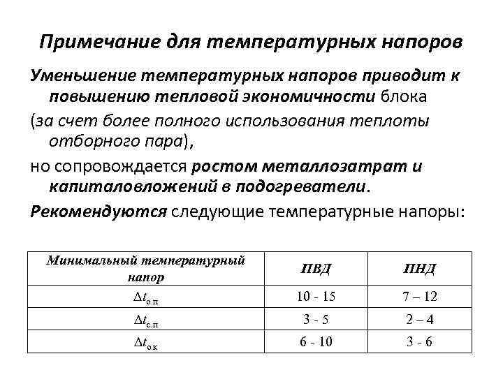 Примечание для температурных напоров Уменьшение температурных напоров приводит к повышению тепловой экономичности блока (за