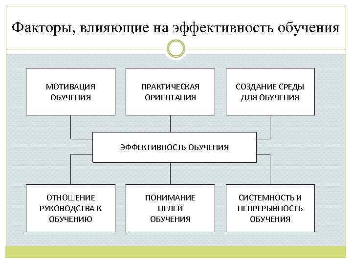 Факторы, влияющие на эффективность обучения МОТИВАЦИЯ ОБУЧЕНИЯ ПРАКТИЧЕСКАЯ ОРИЕНТАЦИЯ СОЗДАНИЕ СРЕДЫ ДЛЯ ОБУЧЕНИЯ ЭФФЕКТИВНОСТЬ