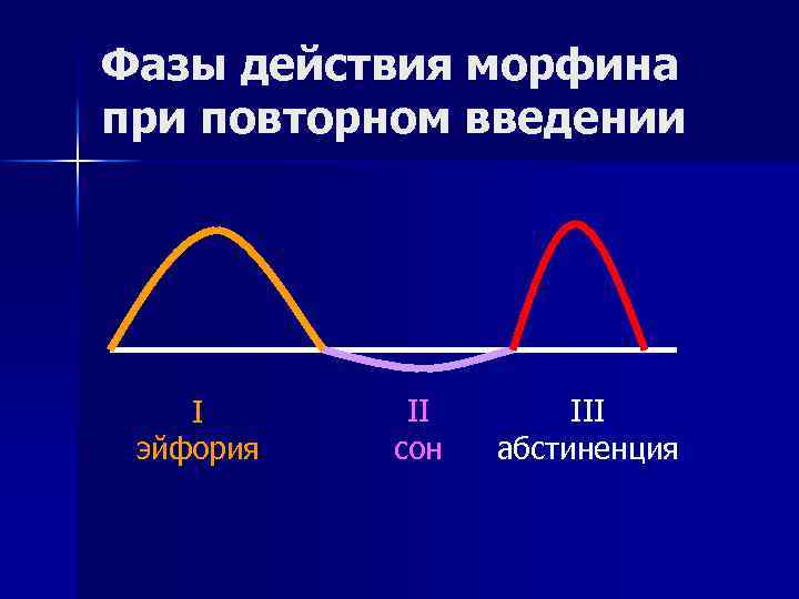 Фазы действия морфина при повторном введении I эйфория II сон III абстиненция 