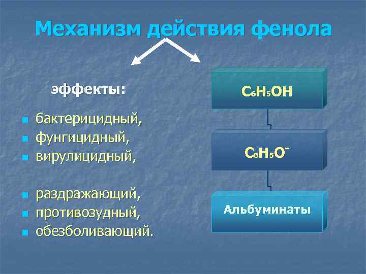 Механизм действия фенола эффекты: n n n С 6 Н 5 ОН бактерицидный, фунгицидный,