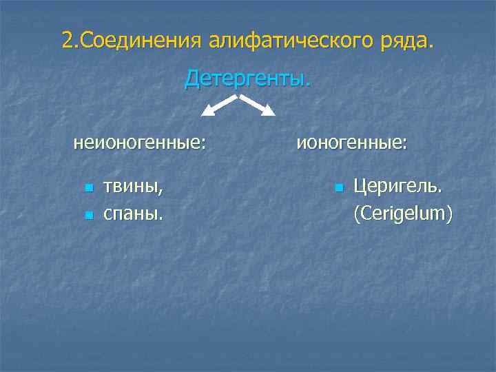 2. Соединения алифатического ряда. Детергенты. неионогенные: n n твины, спаны. ионогенные: n Церигель. (Cerigelum)