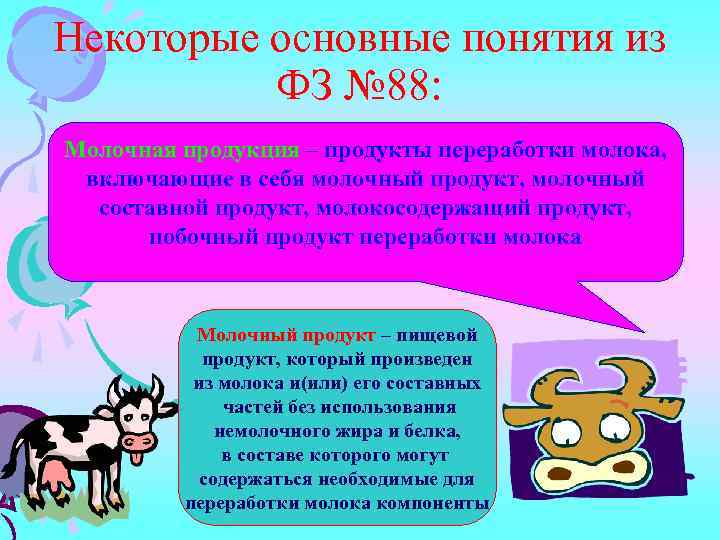 Некоторые основные понятия из ФЗ № 88: Молочная продукция – продукты переработки молока, включающие