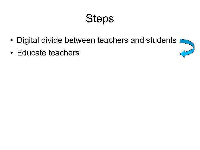 Steps • Digital divide between teachers and students • Educate teachers 