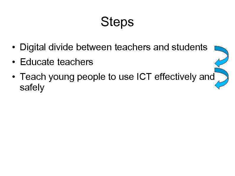 Steps • Digital divide between teachers and students • Educate teachers • Teach young