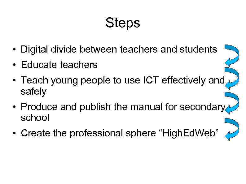 Steps • Digital divide between teachers and students • Educate teachers • Teach young